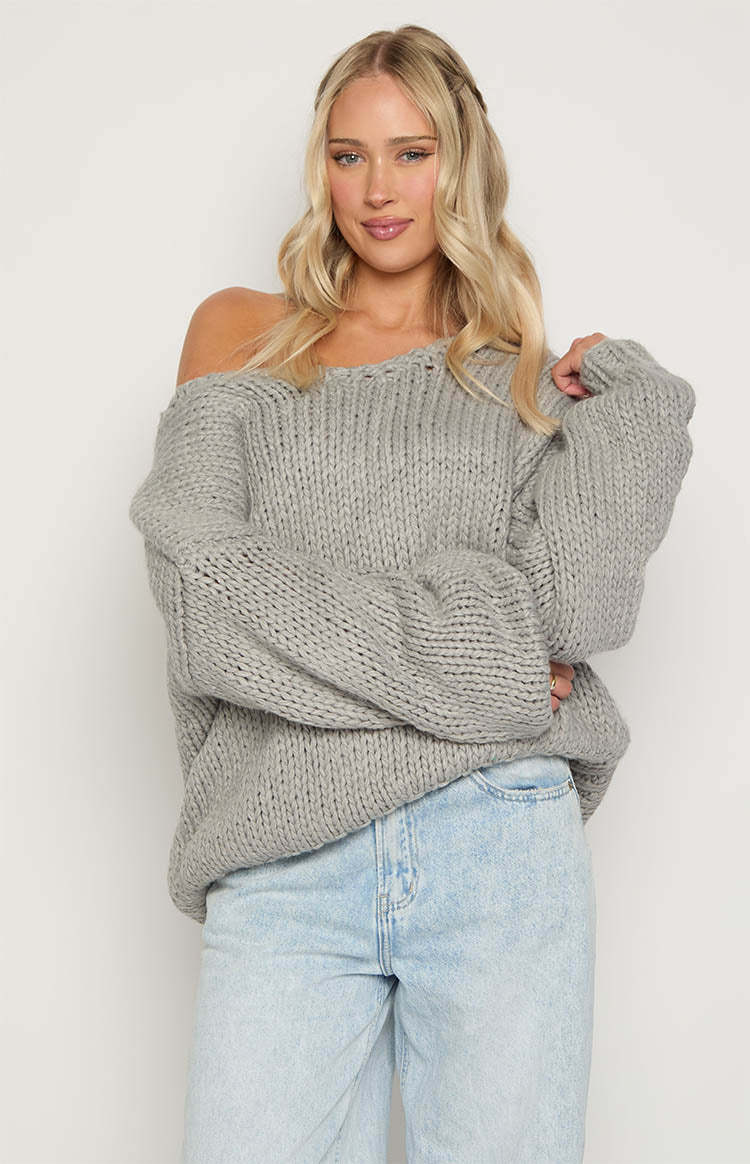 Damen oversized Strickpullover mit offenen Schultern und voluminösen Ärmeln Drune