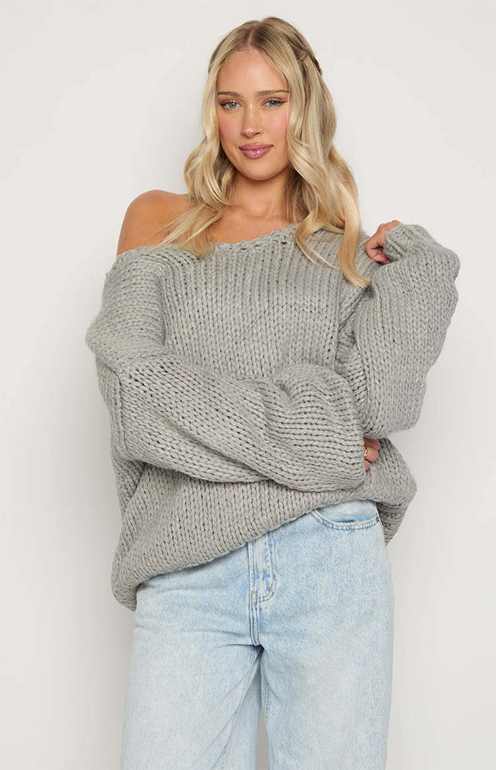 Damen oversized Strickpullover mit offenen Schultern und voluminösen Ärmeln Drune