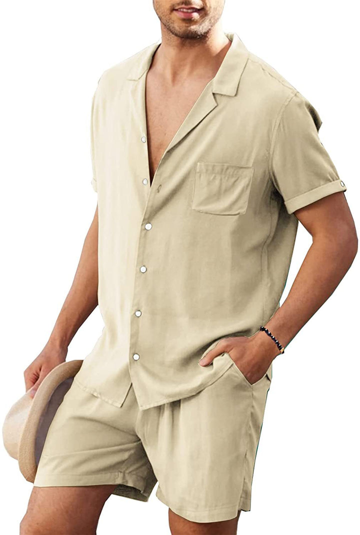 Herren nan zweiteiliges Sommer-Freizeitensemble mit offenem Revershemd und elastischer Kurzhose Drune