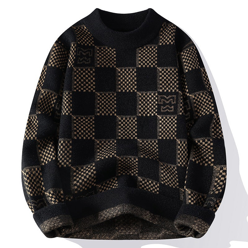 Herren nan karierter Oversize-Strickpullover mit Rundhalsausschnitt, weichem Feinstrick und strukturierter Jacquard-Musterung Drune