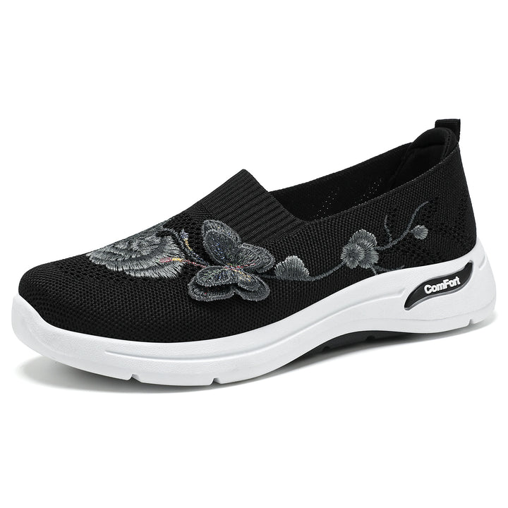 Damen nan gestrickter Slip-On Slipper mit 3D-Blumenstickerei und ergonomischer Komfort-Zwischensohle Drune