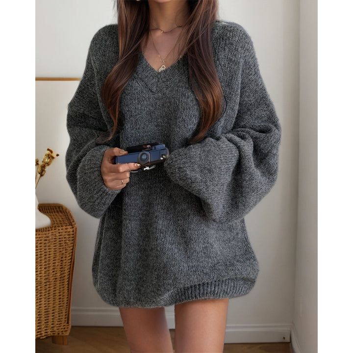Damen Übergroßer Strickpullover mit V-Ausschnitt und weiten Ärmeln Drune