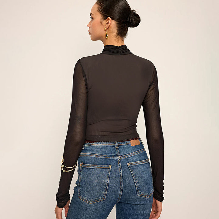 Damen Elegantes Wickeloberteil mit transparentem Stoff und langen Ärmeln Drune