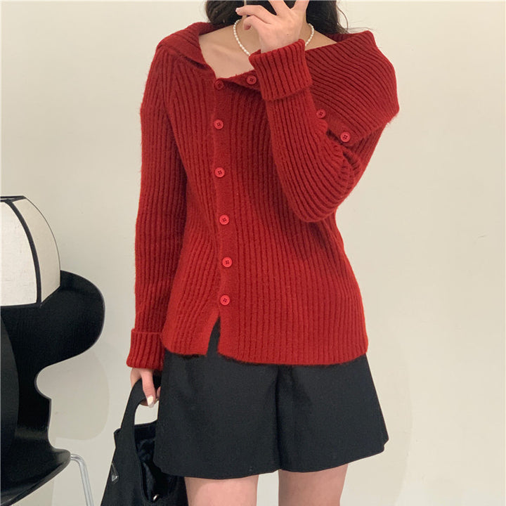 Damen feiner Strickcardigan mit modischem Kragen Drune