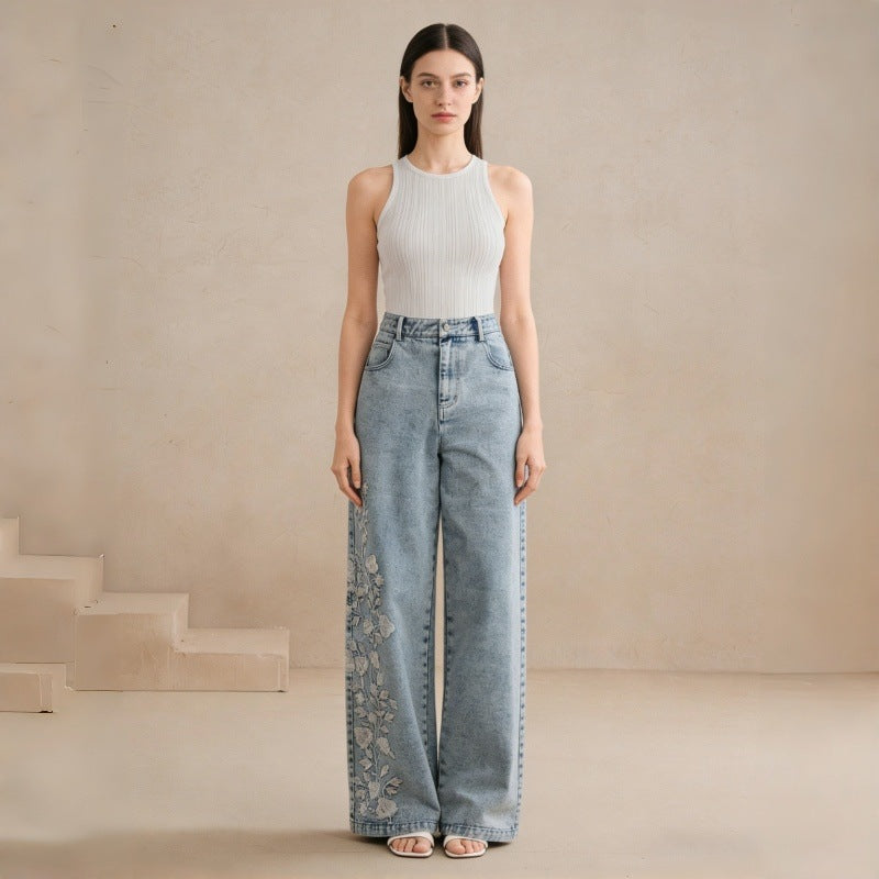 Damen Weitgeschnittene Jeans mit floralem Stickdesign Drune