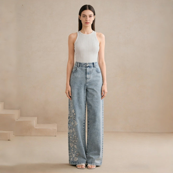 Damen Weitgeschnittene Jeans mit floralem Stickdesign Drune