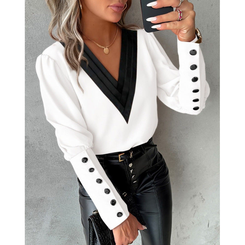 Damen Elegant geschnittene Bluse mit V-Ausschnitt und Puffärmeln Drune