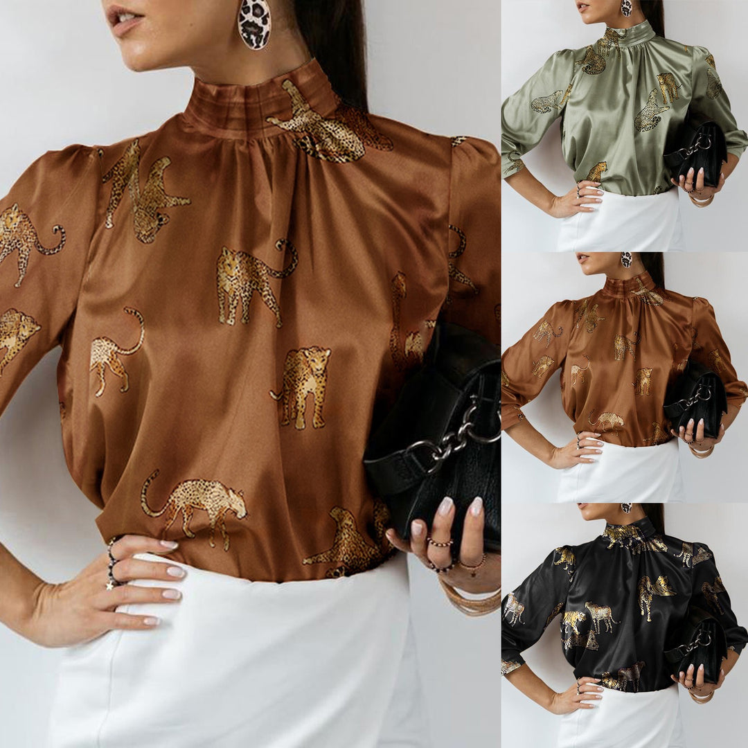 Damen Langarmbluse mit tierischem Print und Stehkragen Drune