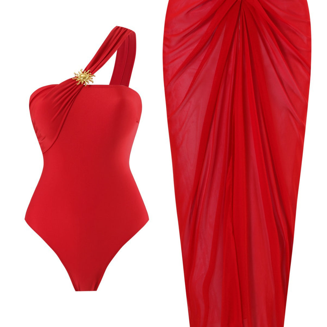 Damen einseitiger Badeanzug mit elegantem Drapierungsdesign und passendem Pareo Drune