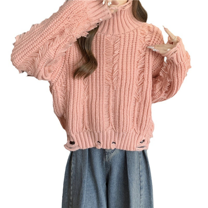 Damen Grobstrickpullover mit hohem Kragen und fransigen Designelementen Drune