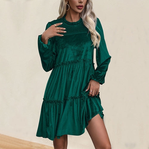 Damen lässiges Midikleid mit voluminösen Rüschen und elegantem Bund Drune