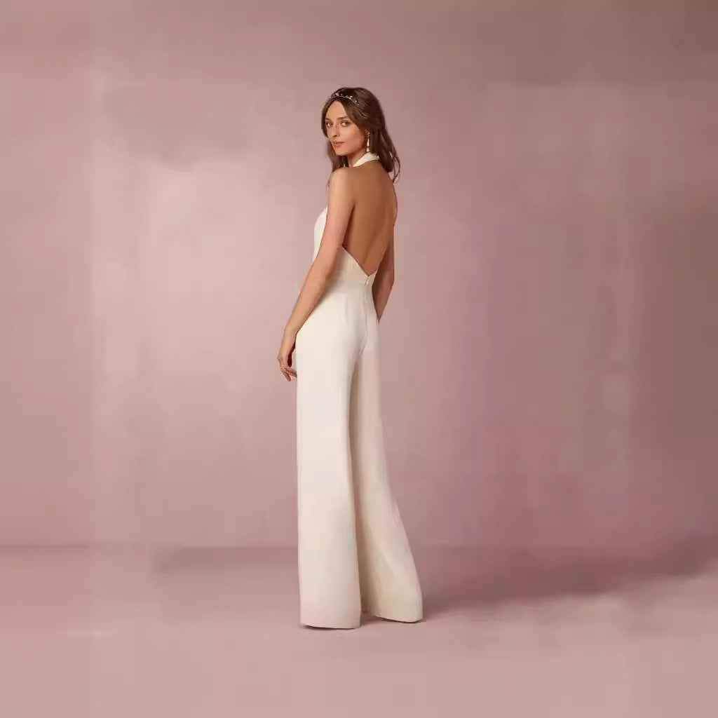 Damen Eleganter Jumpsuit mit tiefem V-Ausschnitt und weitem Bein Drune