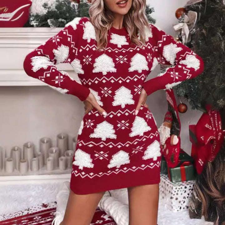 Damen Winterliches Strickkleid mit festlichem Tannenbaum-Muster Drune