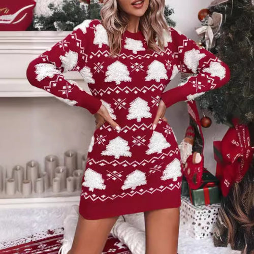 Damen Winterliches Strickkleid mit festlichem Tannenbaum-Muster Drune