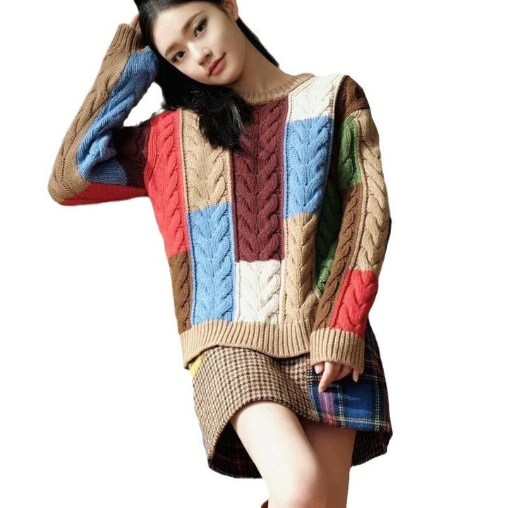 Damen Grobstrickpullover mit buntem Patchwork-Muster Drune