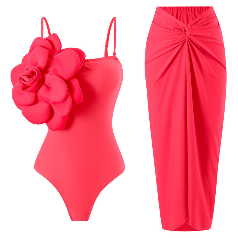 Damen Einteiler Badeanzug mit modischem Blumendesign und passendem Wickelrock Drune