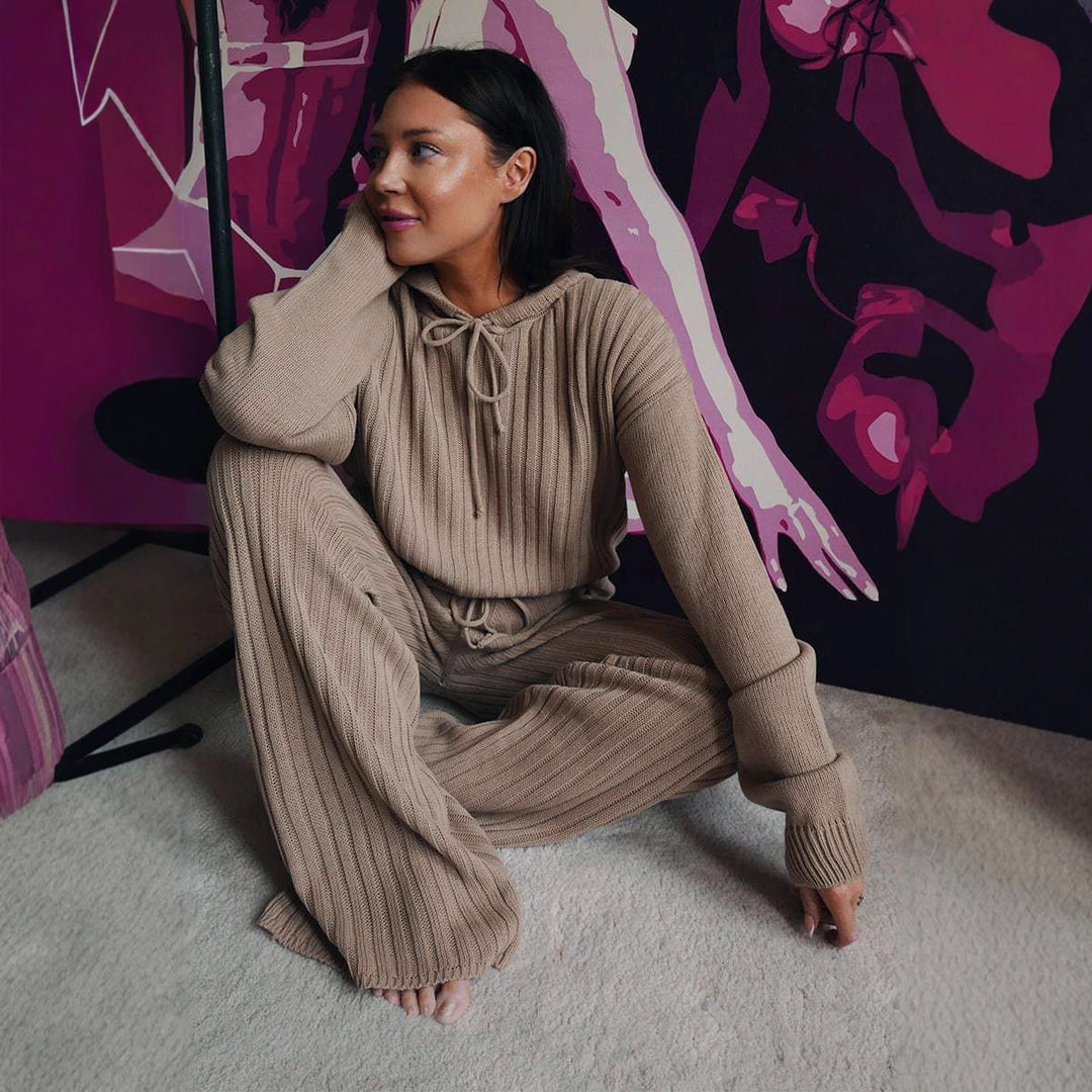 Damen Strick-Loungewear-Set mit Kapuze und weitem Schnitt Drune