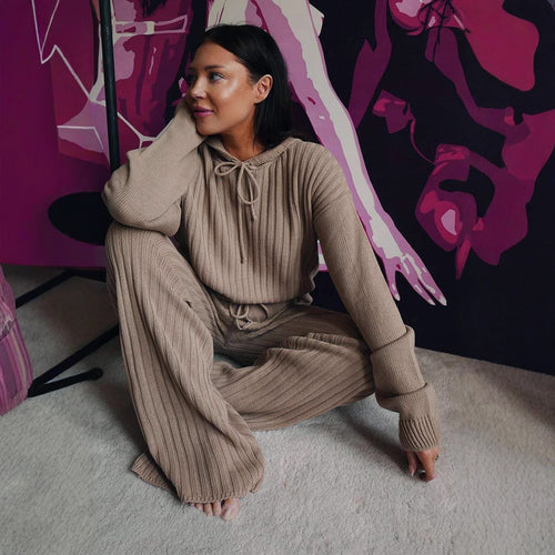 Damen Strick-Loungewear-Set mit Kapuze und weitem Schnitt Drune