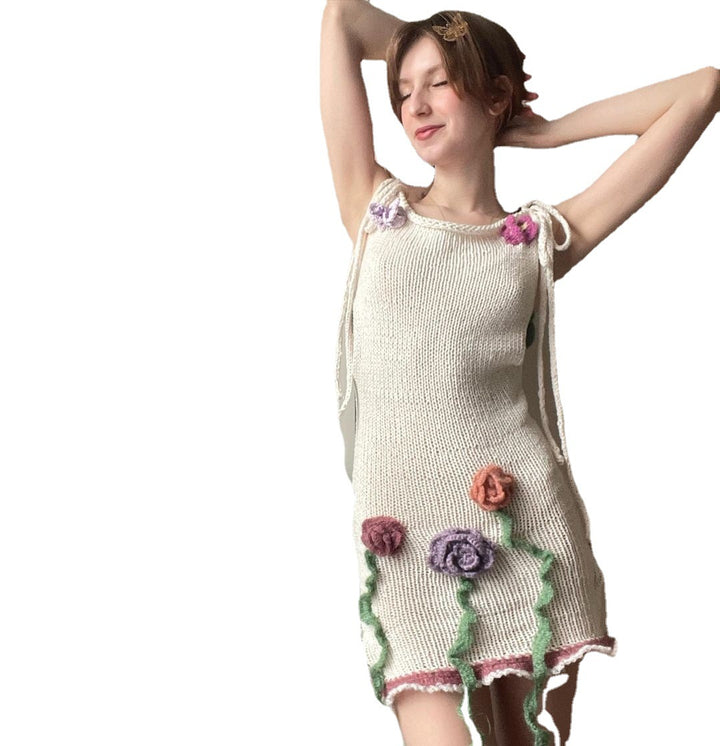Damen gehäkeltes Sommerkleid mit floralen Applikationen Drune