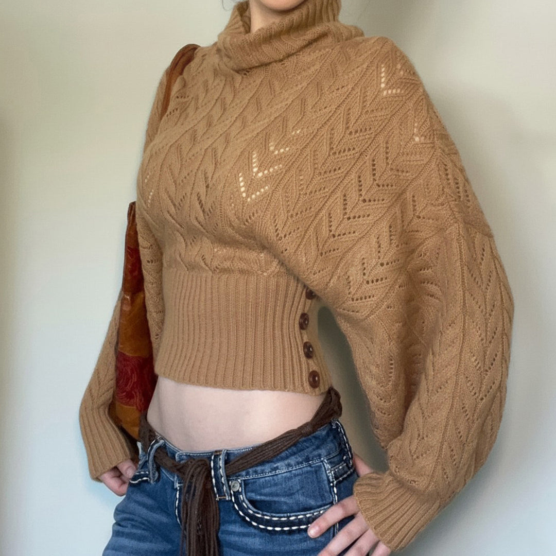 Damen nan kurzes Strick-Turtleneck mit Zierknopfleiste und Ballonärmeln Drune