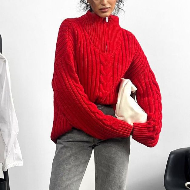 Damen Grobstrickpullover mit Zip-Kragen und Zopf-Design Drune