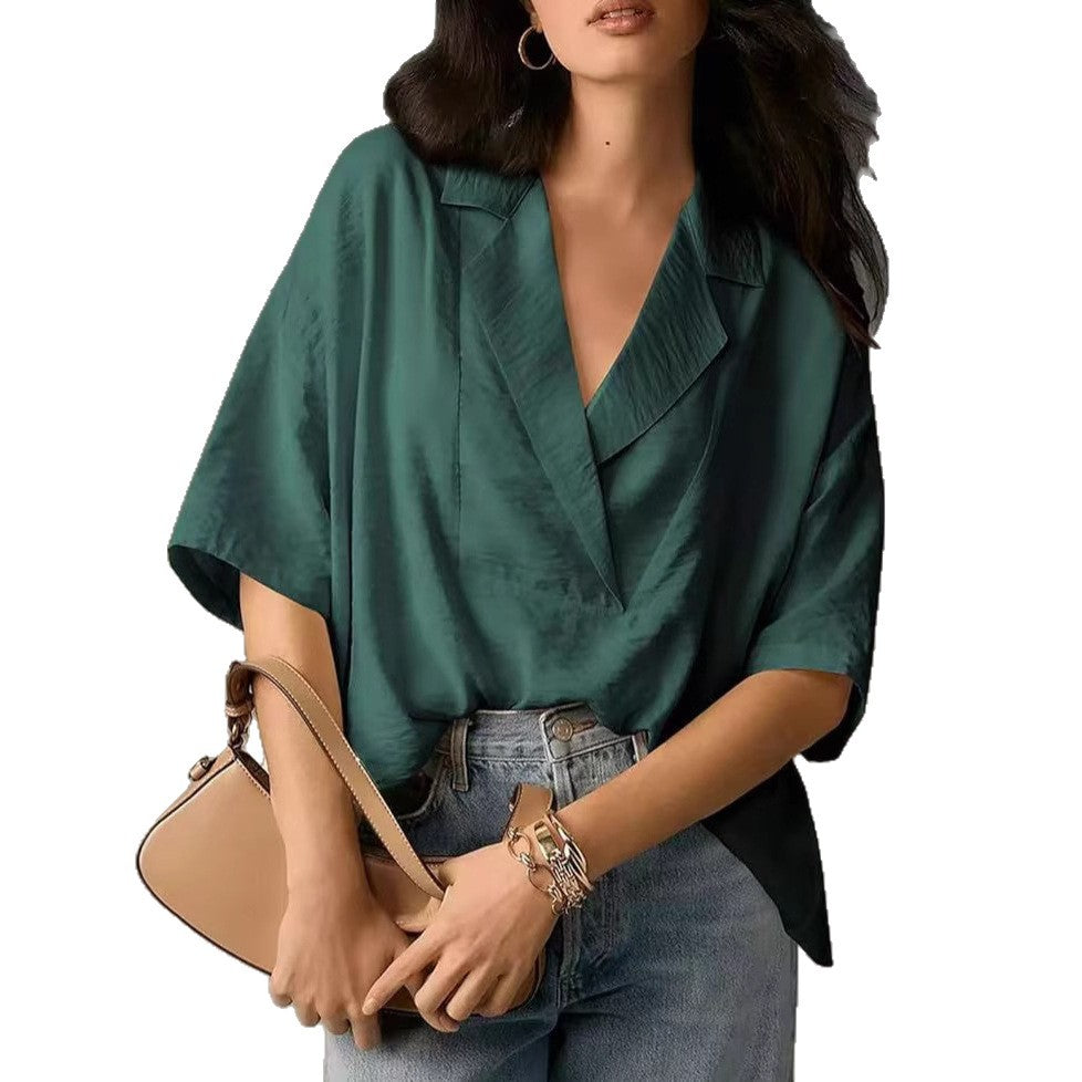 Damen lockeres Oversize-Blusenoberteil mit elegantem Kragen und V-Ausschnitt Drune
