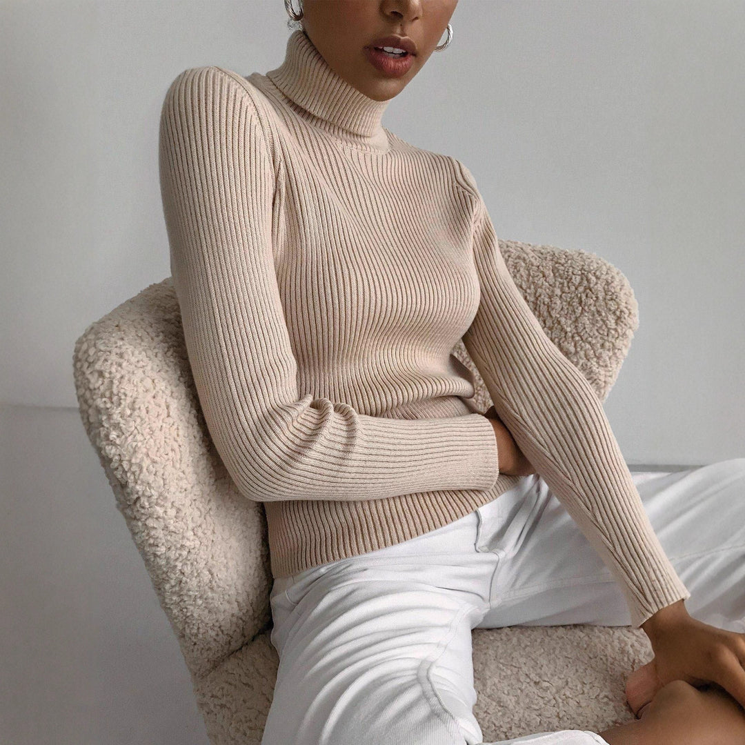 Damen elegante Rippstrickbluse mit hohem Kragen und enganliegendem Schnitt Drune