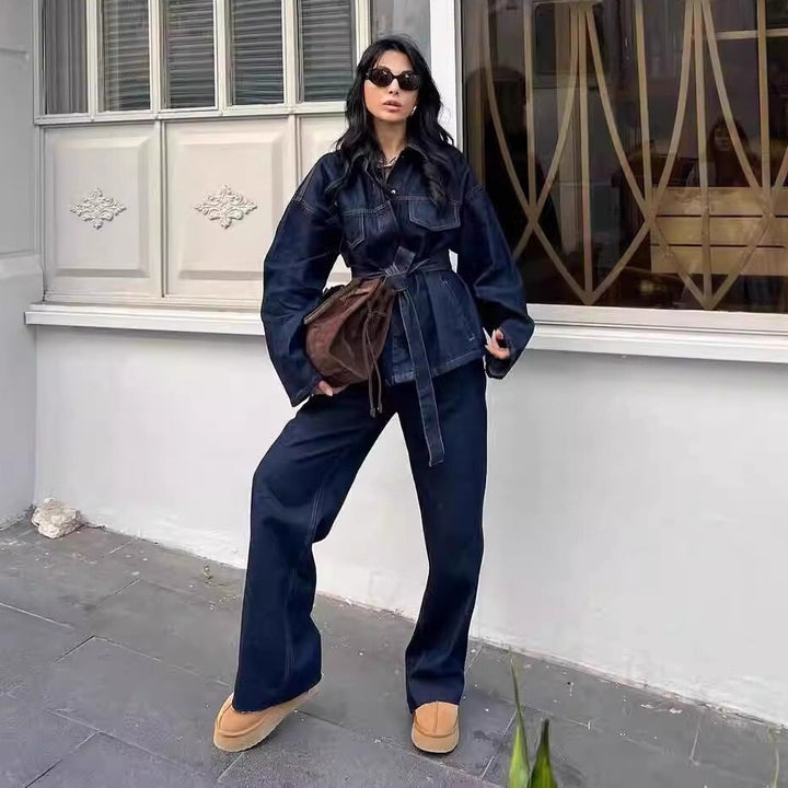 Damen nan hochgeschnittene, weit geschnittene Jeans mit geradem Bein und Fünf-Taschen-Details Drune