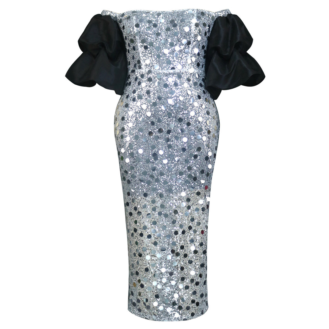 Damen Glitzerndes Abendkleid mit voluminösen Puffärmeln Drune