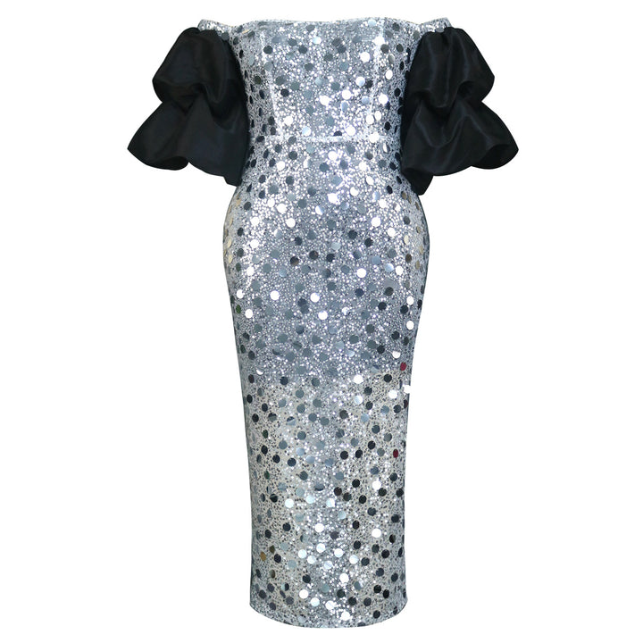 Damen Glitzerndes Abendkleid mit voluminösen Puffärmeln Drune