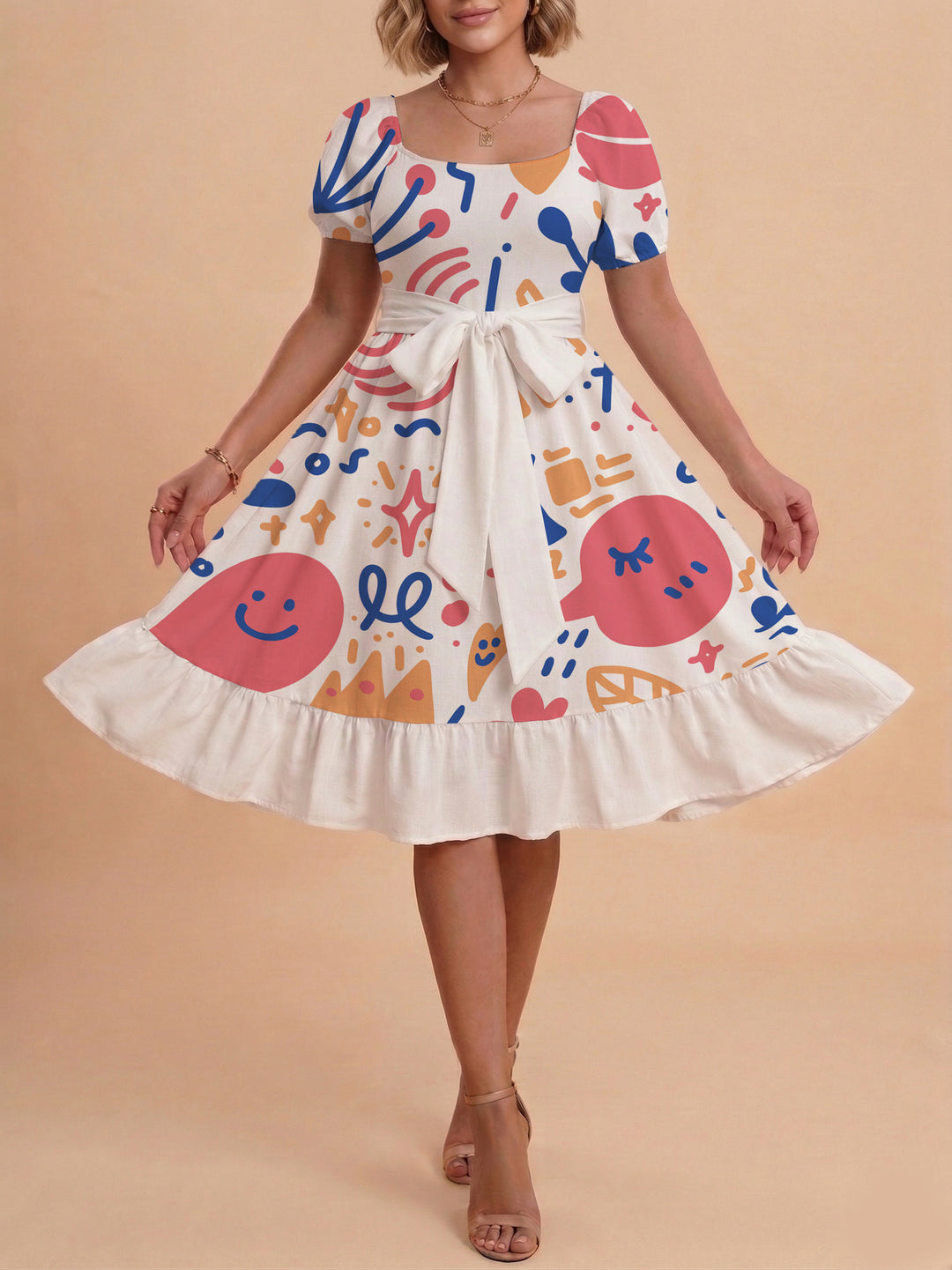 Damen Sommerkleid mit floralem Puffärmel und taillierbarem Gürtel Drune