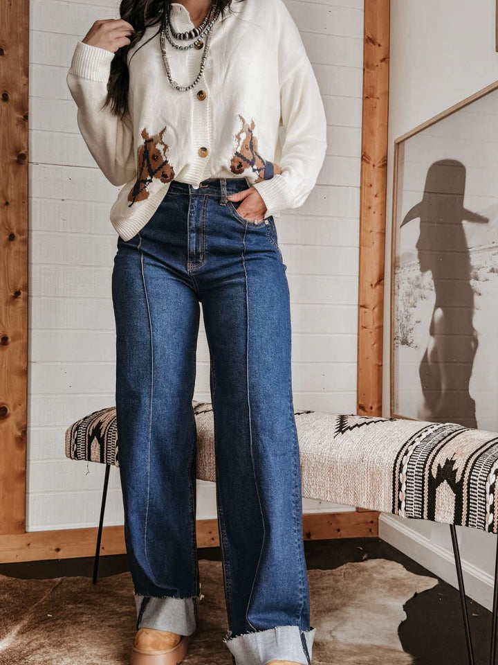 Damen weite High-Waist Jeans mit einzigartigen Kontrastnähten und lässigem Look Drune