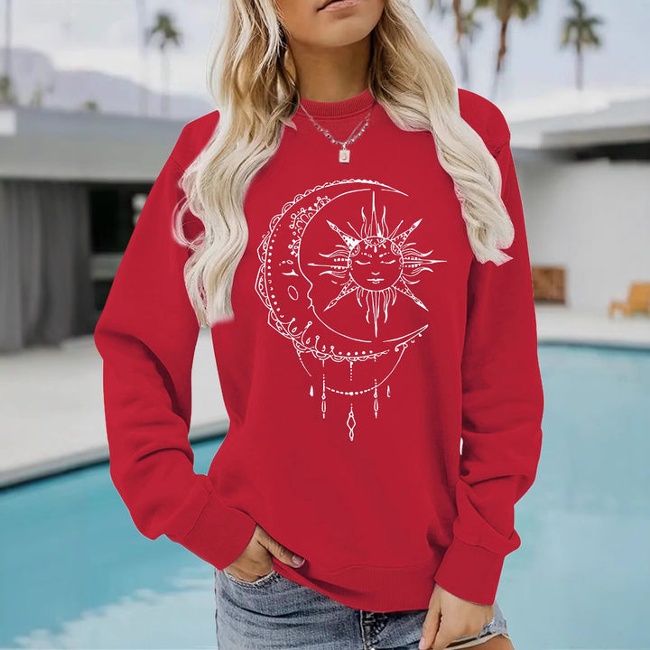 Damen Sweatshirt mit künstlerischem Sonnen- und Mondmotiv Drune