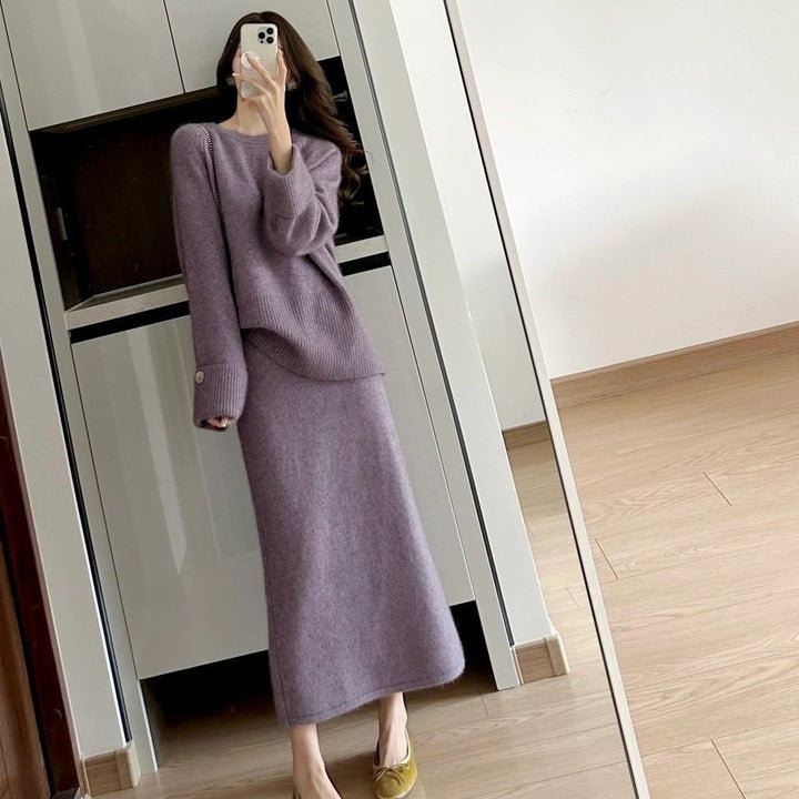 Damen gemütliches Strickensemble mit Pullover und Maxi-Rock Drune
