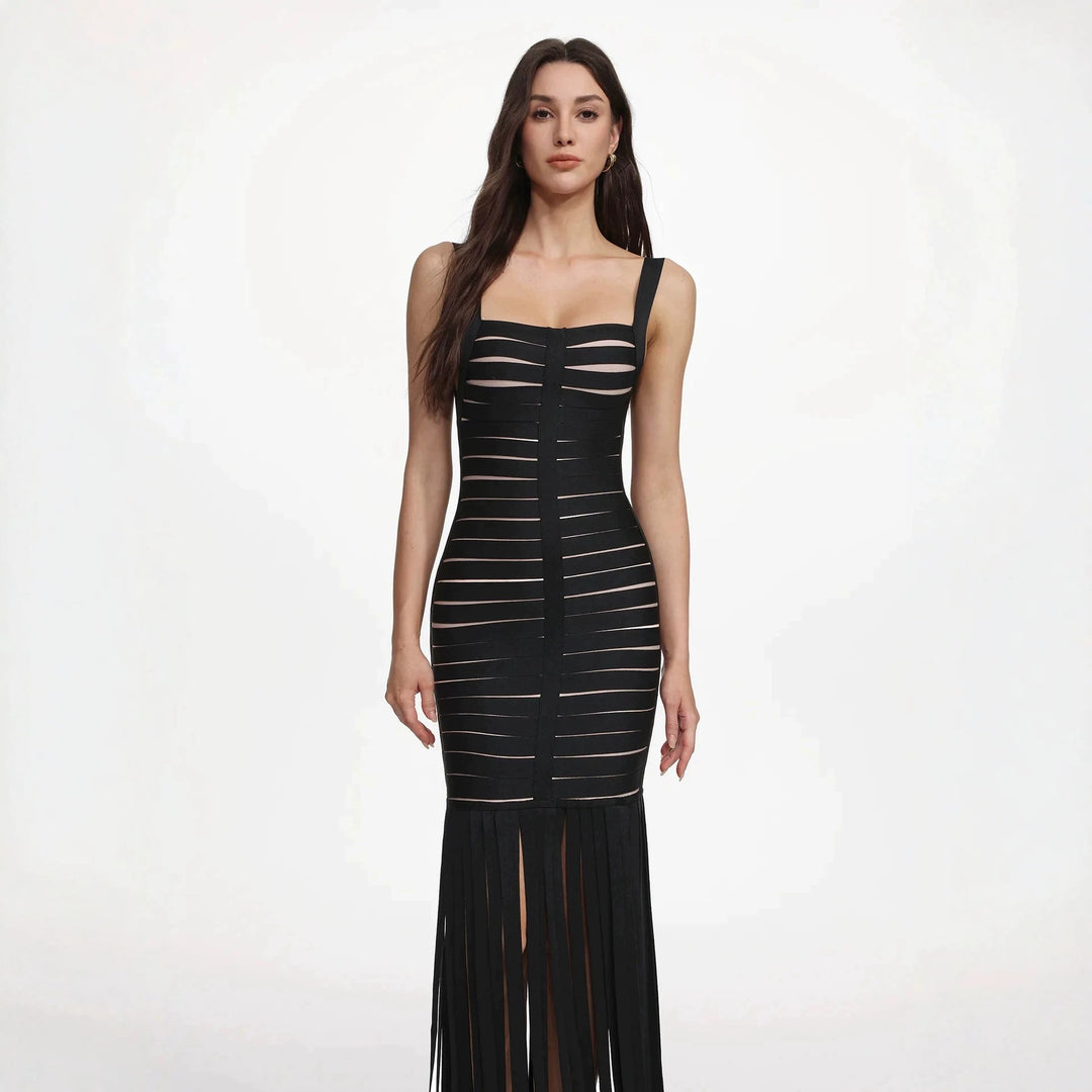 Damen Elegantes Abendkleid mit raffiniertem Streifen-Design und Fransen Drune