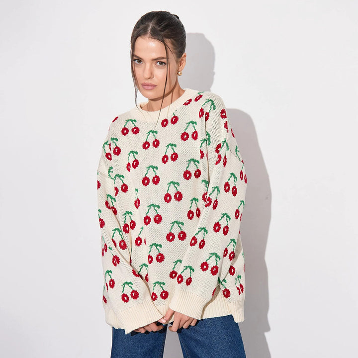 Damen Gemusterter Strickpullover mit fruchtigem Design und lässiger Passform Drune