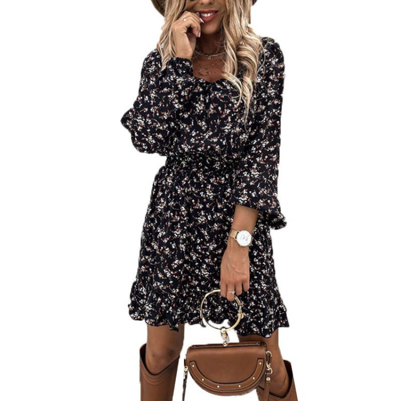 Damen Blumendesign Kleid mit voluminösen Ärmeln und schwingendem Saum Drune