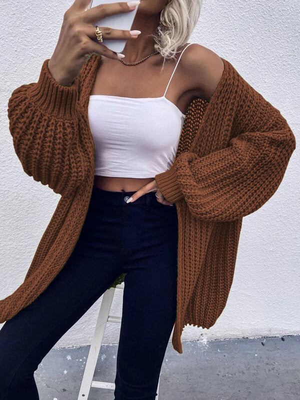Damen Offener Strickcardigan mit voluminösen Ärmeln und strukturierter Textur Drune