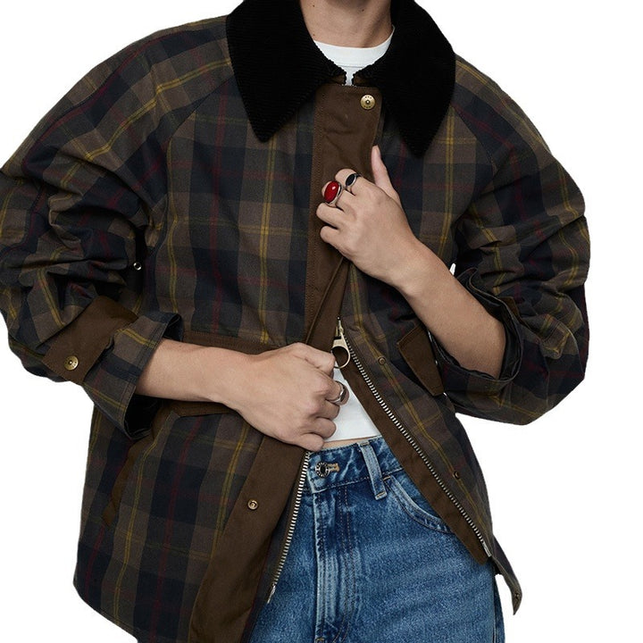 Damen Karierte Jacke mit weichem Cordkragen Drune