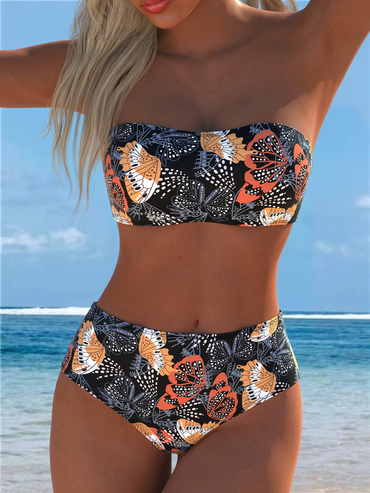 Damen Bandeau-Bikini mit hohem Taillenschnitt und kontrastierendem Blumendesign Drune
