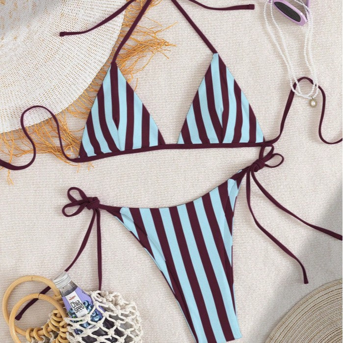Damen Triangel-Bikini mit verstellbarem Bindeband und modischem Streifenmuster Drune