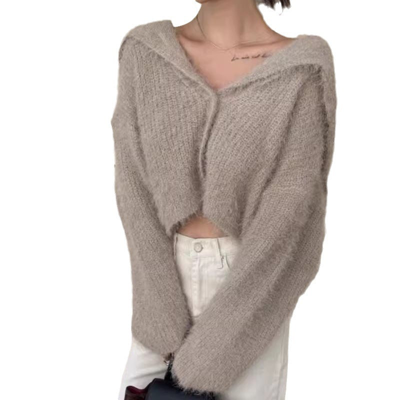 Damen Cropped Strickjacke mit Kapuze Drune