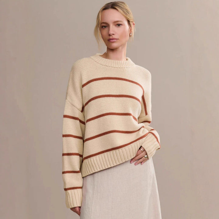 Damen lässiger Strickpullover mit breiten Streifen und Rundhalsausschnitt Drune