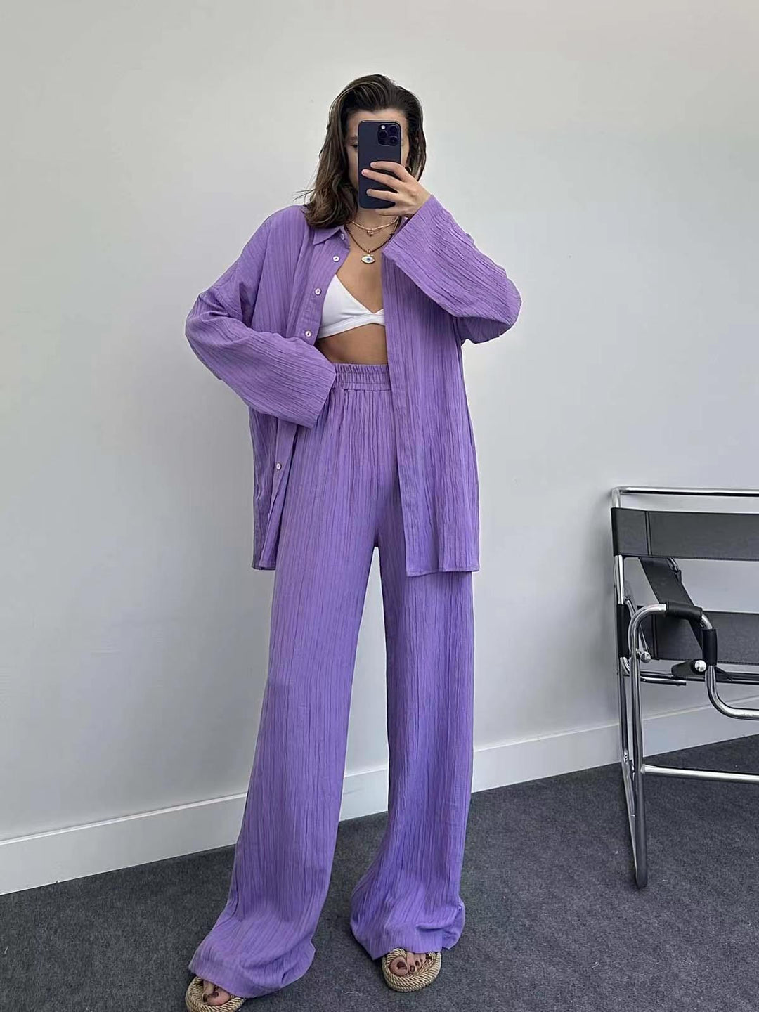 Damen lässiges Übergrößen-Hemd und lockere Hose Set Drune