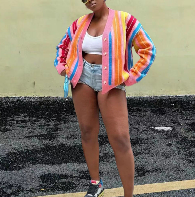 Damen Lässiger Strickcardigan mit buntem Streifenmuster und überschnittenen Ärmeln Drune
