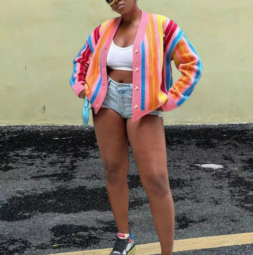 Damen Lässiger Strickcardigan mit buntem Streifenmuster und überschnittenen Ärmeln Drune