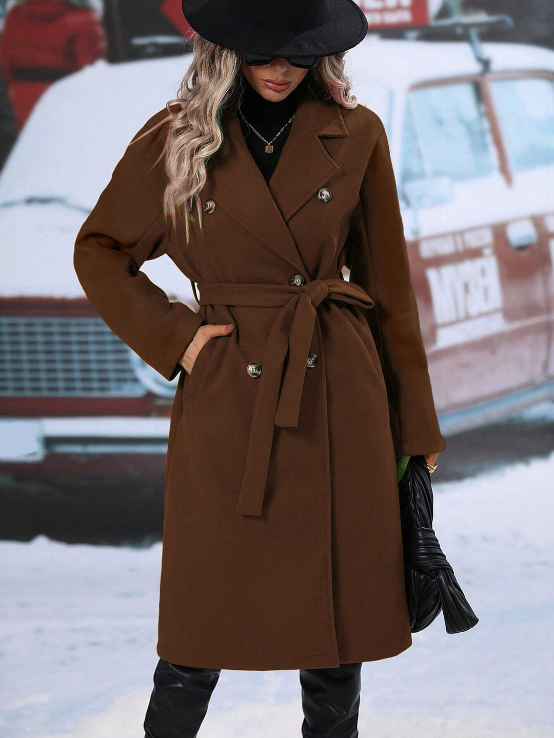 Damen eleganter Oversized-Mantel mit doppelter Knopfleiste und schickem Gürtel Drune