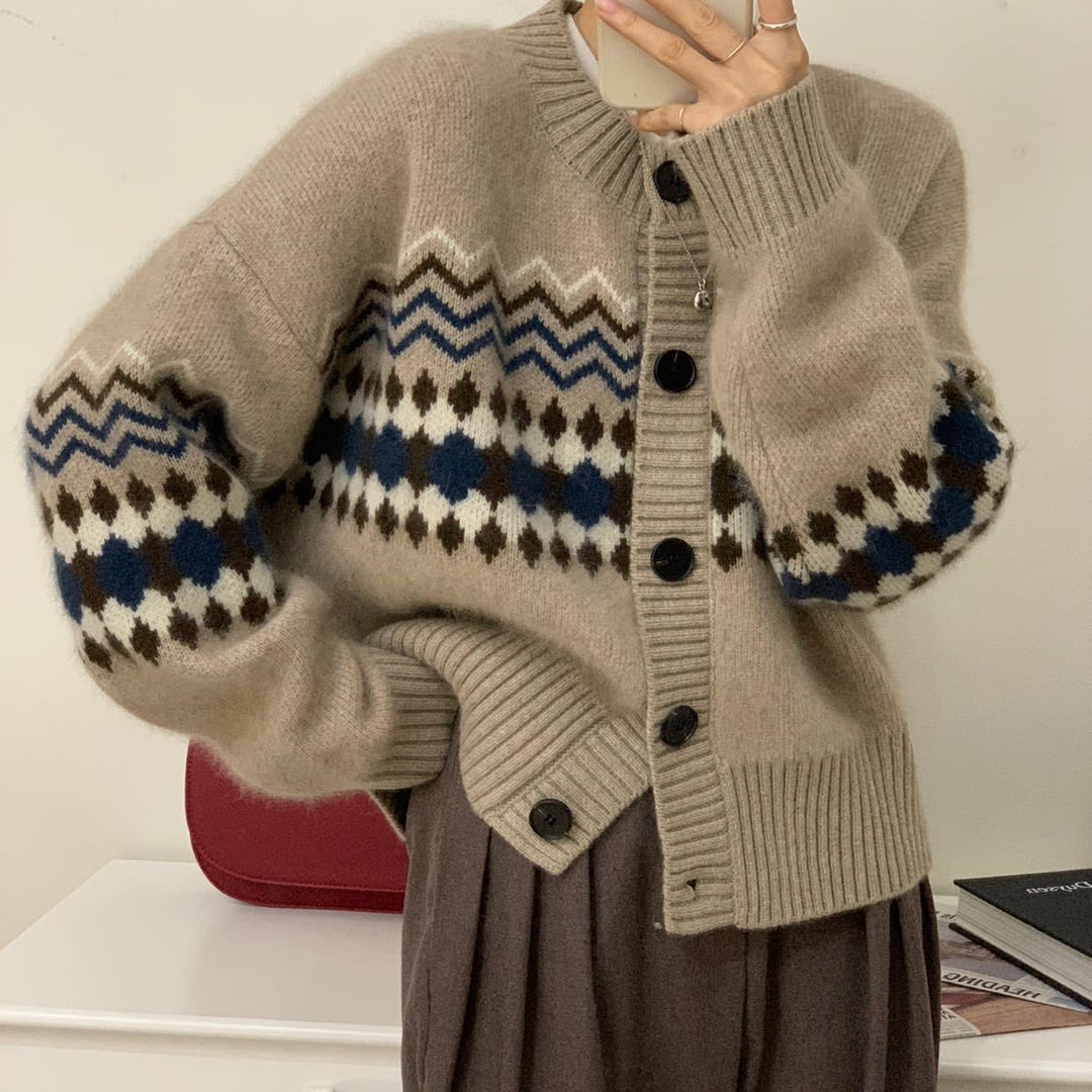 Damen modische Strickjacke mit auffälligem Jacquard-Muster Drune