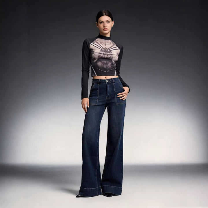 Damen High-Waist Weitbeinerhosen mit angesagtem Aufnäher Drune