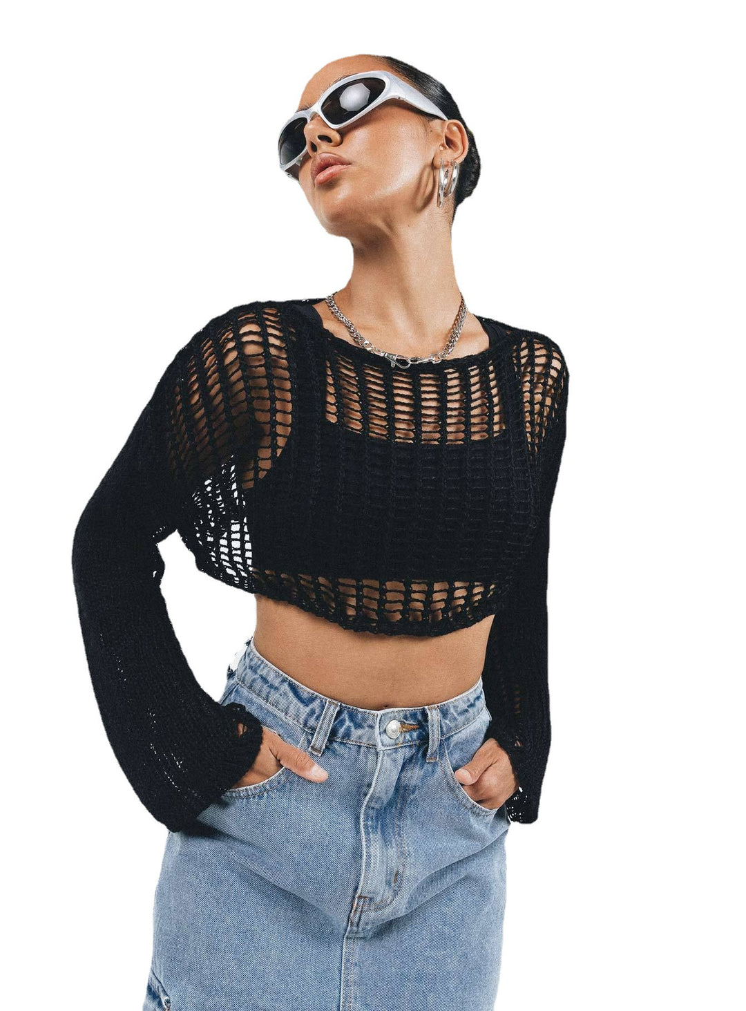 Damen luftige gehäkelte Strickjacke mit weiten Ärmeln Drune